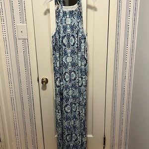 Cremieux long blue and white dress. Tie neck